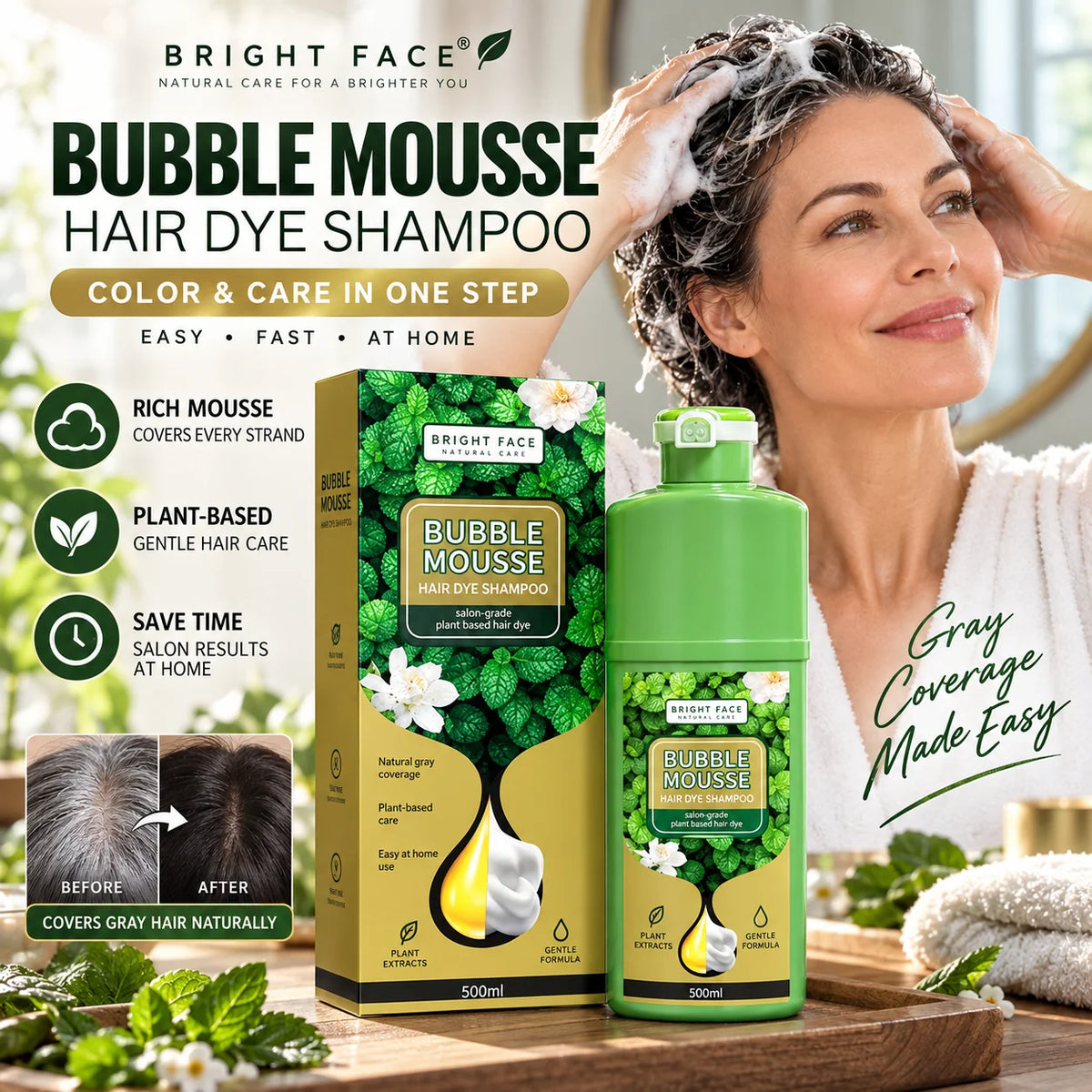 Long-Lasting Plant-Based Foam Hair Dye – Gentle Gray Coverage, Salon-Grade Color for Sensitive Scalp, 500ml / 16.9 fl oz