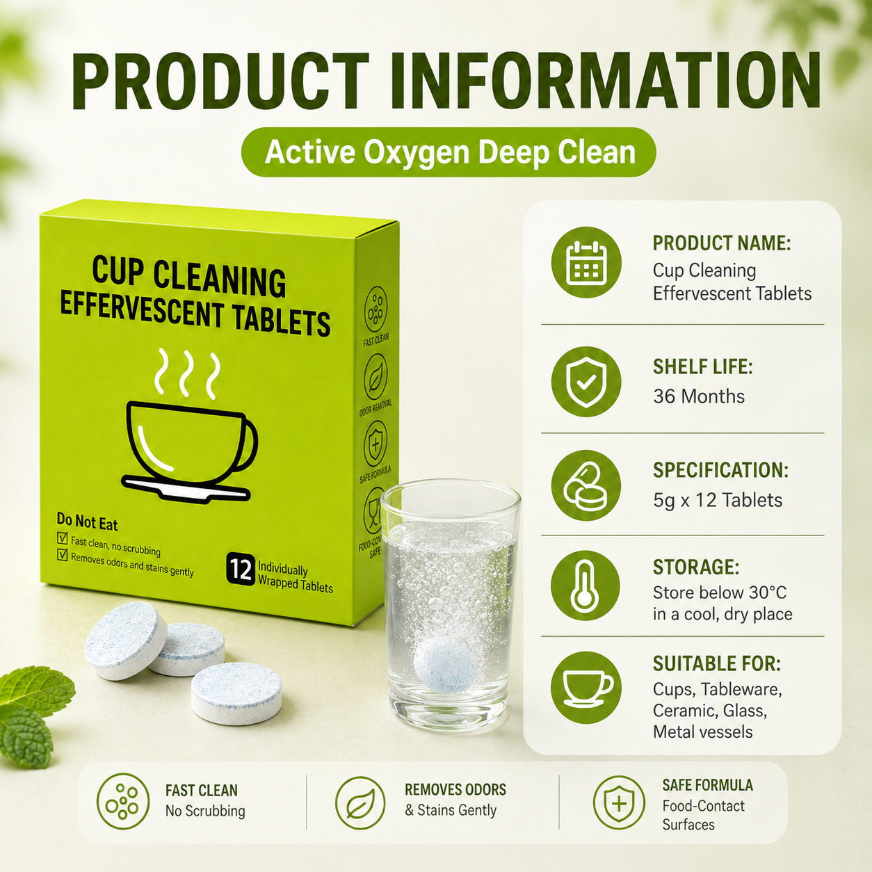 📢📢50% OFF !! ⏰12-Pack Active Oxygen Cup Cleaning Effervescent Tablets
