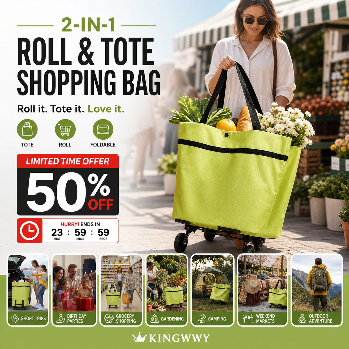 🛍️ Shop Online & Save ✨🛢️2-in-1 Foldable Shopping Cart – Portable Rolling Grocery Trolley