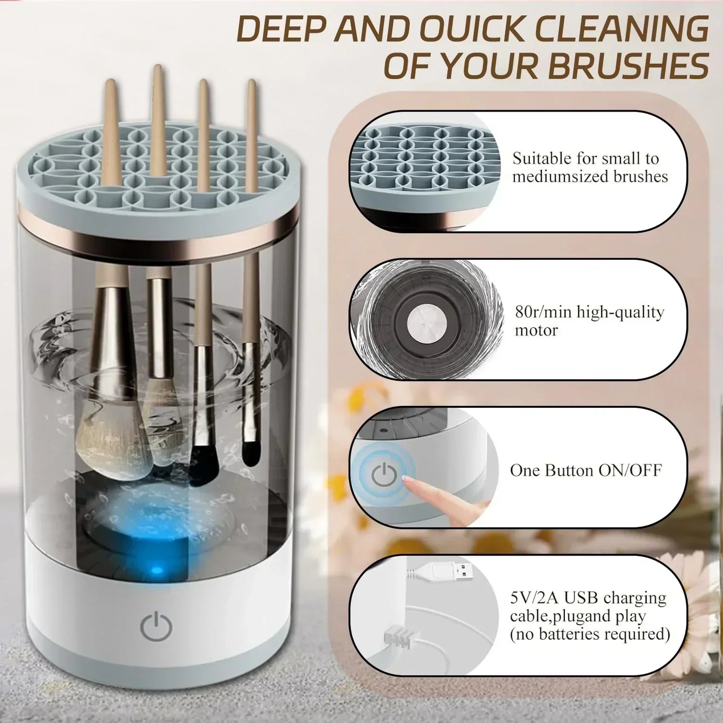 💖 50% OFF! ✨ AUTOMATIC MAKEUP BRUSH CLEANER - Deep Cleaning in 3 Minutes, Compact & Portable for Travel, USB Charging with Quiet Operation 🌸🚿