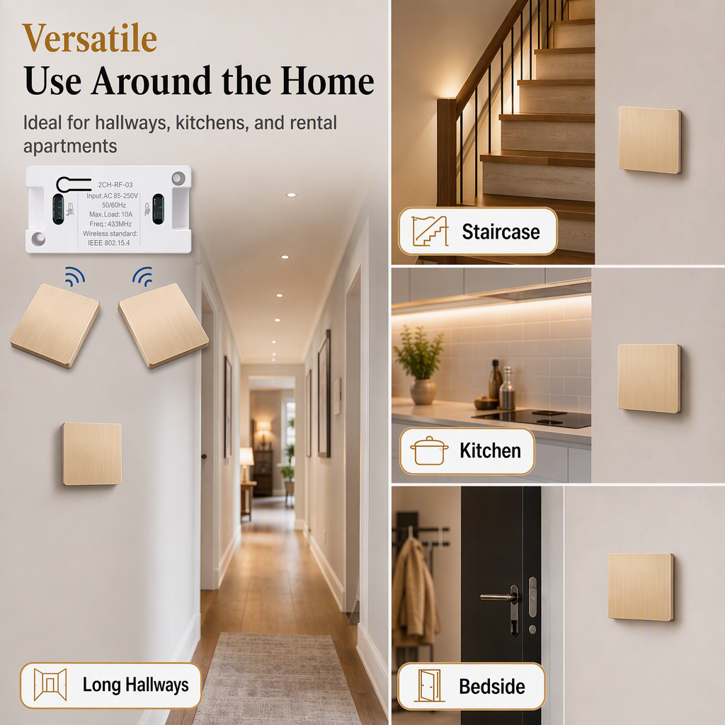 No-Wiring Wireless Light Switch Kit | Self-Adhesive Wall Switch with Receiver, No Drilling for Rental Homes, Bedside & Hallways