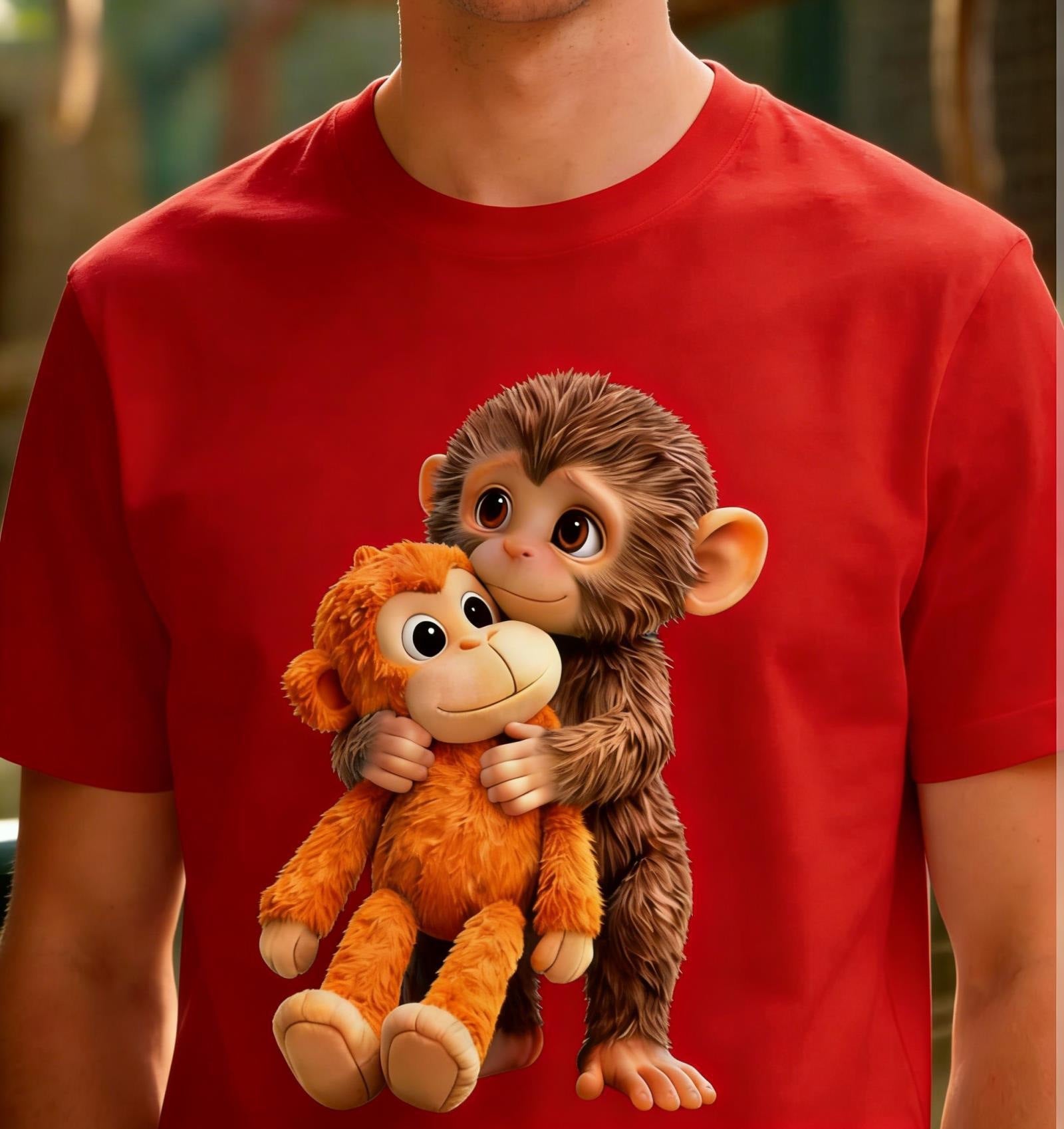 Unisex Monkey Hugging Toy Graphic T-Shirt
