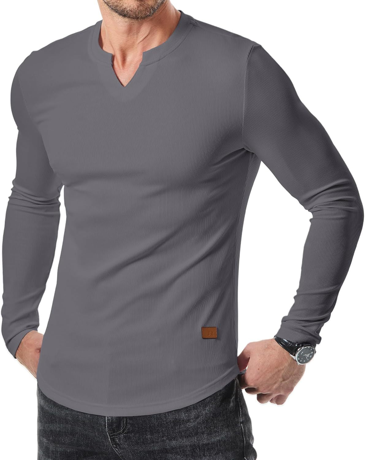 💥V-Neck Longline Ribbed Tees Shirts Long Sleeve Gym Workout Athletic Menswear Tops 🔥BUY 2 FREE SHIPPING