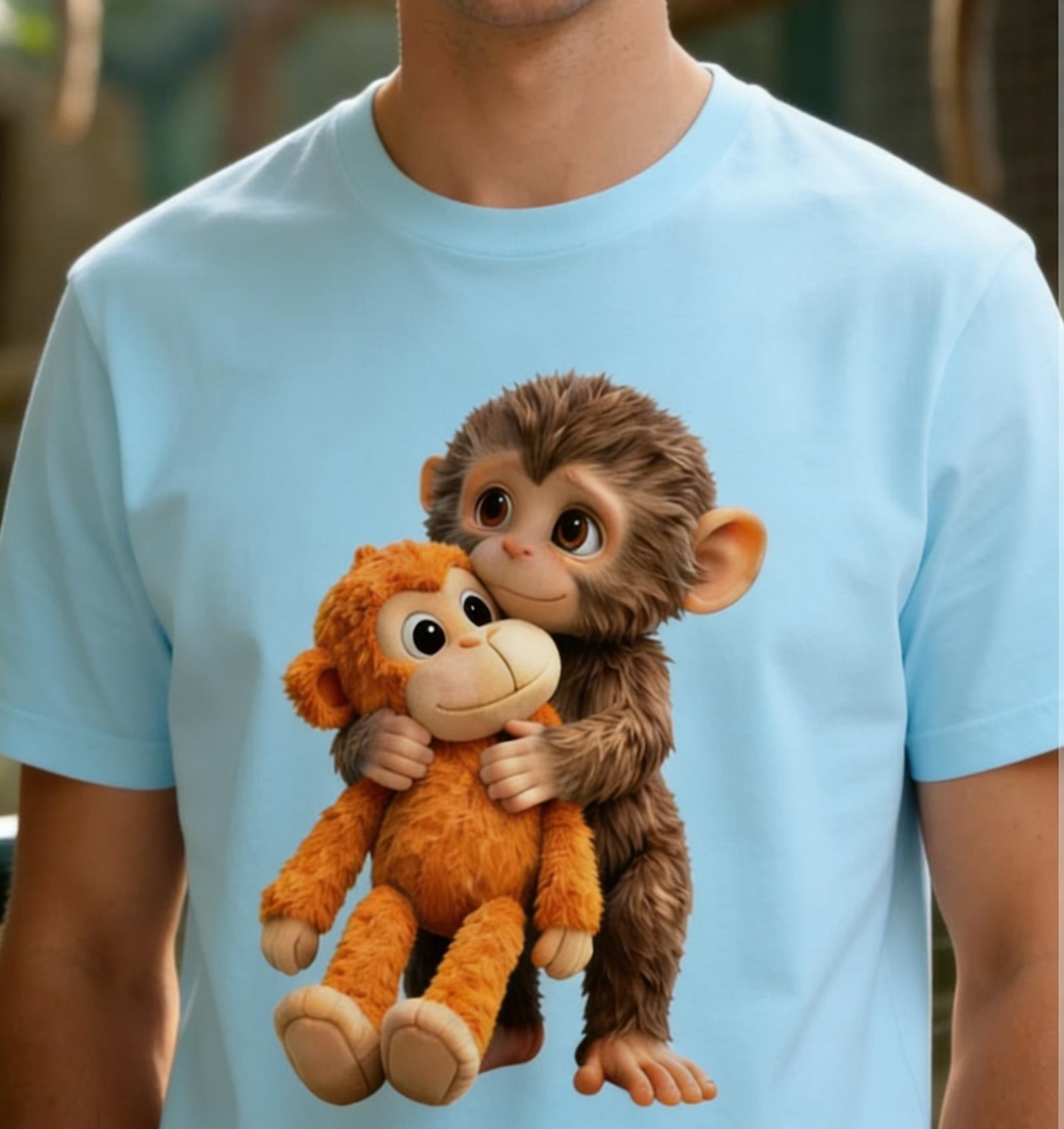 Unisex Monkey Hugging Toy Graphic T-Shirt