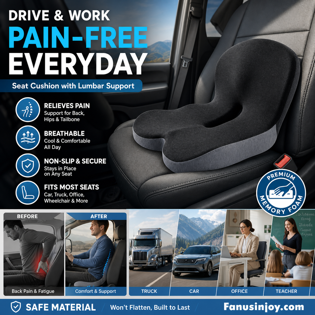 💥50% OFF !!!⏰Non-Slip Memory Foam Seat Cushion – Sciatica Relief, Breathable Mesh & Universal Fit for Car, Office & Wheelchair