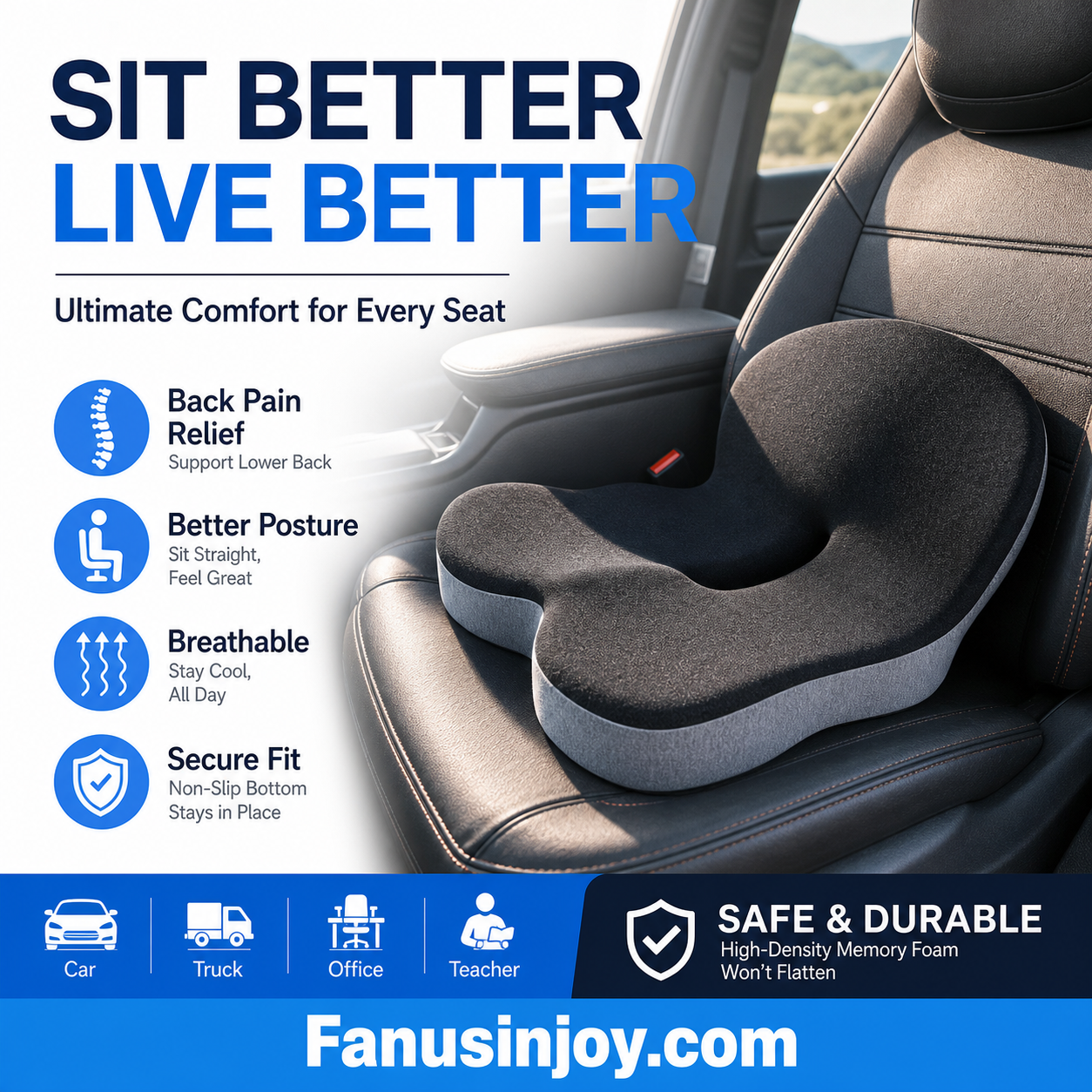 💥50% OFF !!!⏰Non-Slip Memory Foam Seat Cushion – Sciatica Relief, Breathable Mesh & Universal Fit for Car, Office & Wheelchair