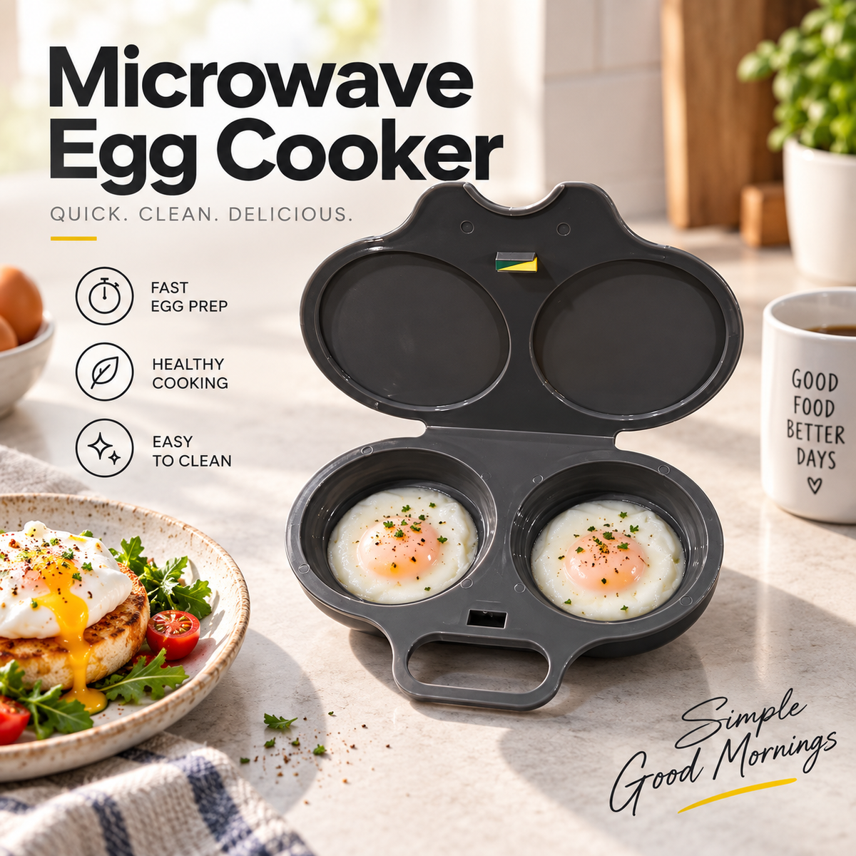 🥚Dual-Cavity Microwave Egg Poacher with Lid | Splash-Proof, Oil-Free 2-Minute Breakfast