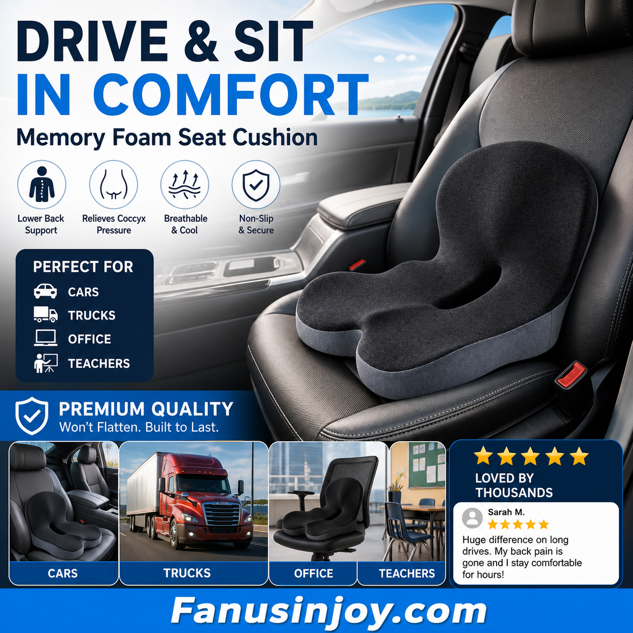 💥50% OFF !!!⏰Non-Slip Memory Foam Seat Cushion – Sciatica Relief, Breathable Mesh & Universal Fit for Car, Office & Wheelchair