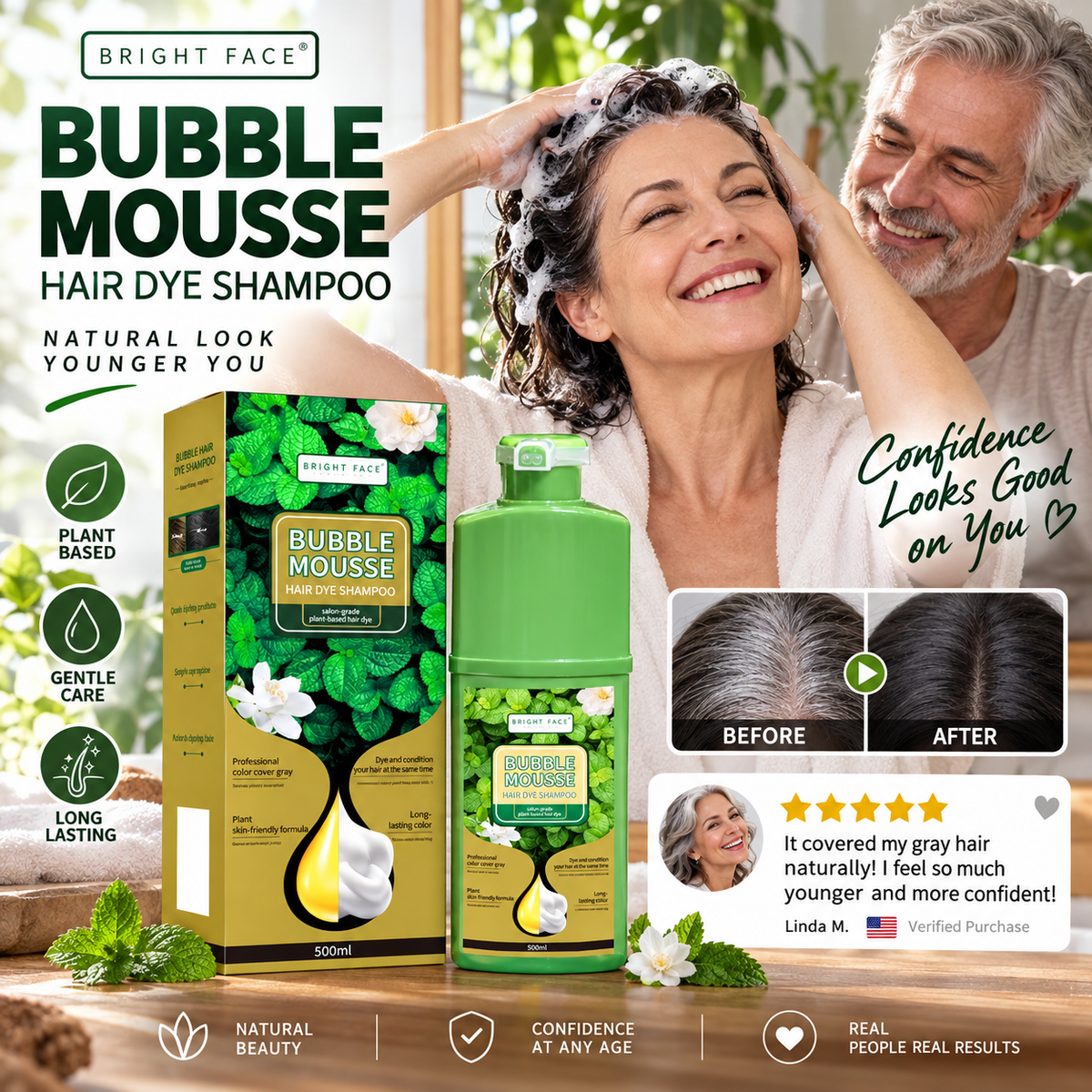 Long-Lasting Plant-Based Foam Hair Dye – Gentle Gray Coverage, Salon-Grade Color for Sensitive Scalp, 500ml / 16.9 fl oz