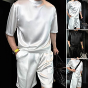 🏆Flash Sale⚡🔥High Quality Men's Simulated Silk Casual Solid Color Top and Shorts Two-Piece Set【Loose fit, suitable for all occasions】