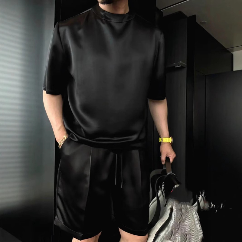 🏆Flash Sale⚡🔥High Quality Men's Simulated Silk Casual Solid Color Top and Shorts Two-Piece Set【Loose fit, suitable for all occasions】