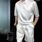 🏆Flash Sale⚡🔥High Quality Men's Simulated Silk Casual Solid Color Top and Shorts Two-Piece Set【Loose fit, suitable for all occasions】