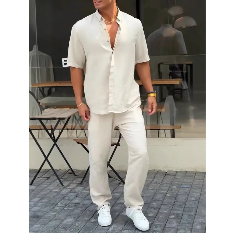 🏆Flash Sale⚡🔥Men’s Solid Lapel Short-Sleeve Tops ＆ Pants 2-Piece Set