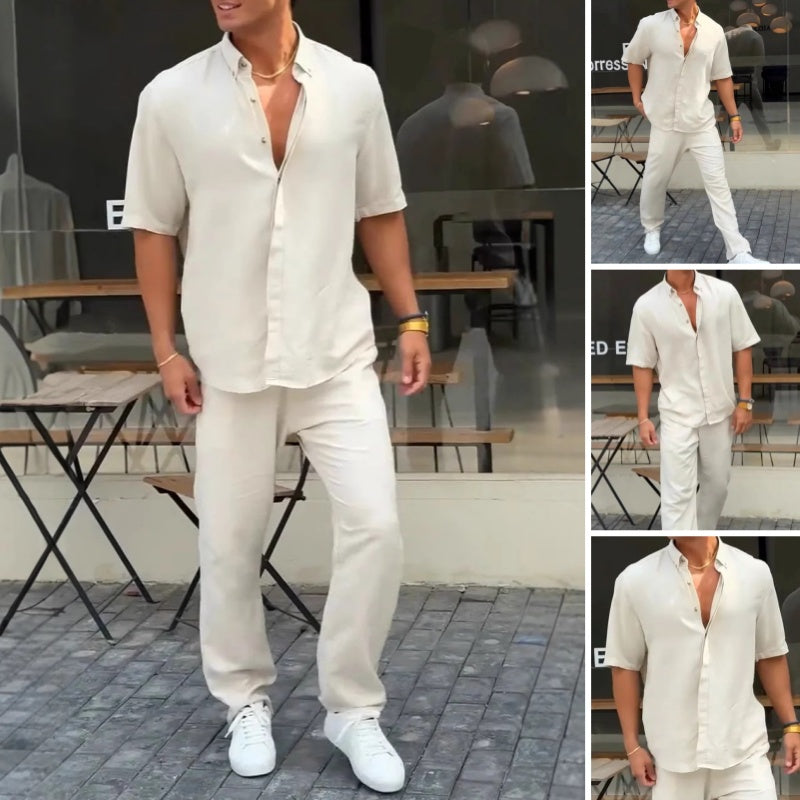 🏆Flash Sale⚡🔥Men’s Solid Lapel Short-Sleeve Tops ＆ Pants 2-Piece Set