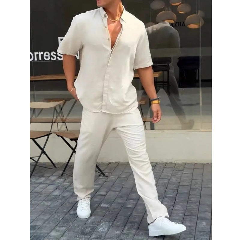 🏆Flash Sale⚡🔥Men’s Solid Lapel Short-Sleeve Tops ＆ Pants 2-Piece Set