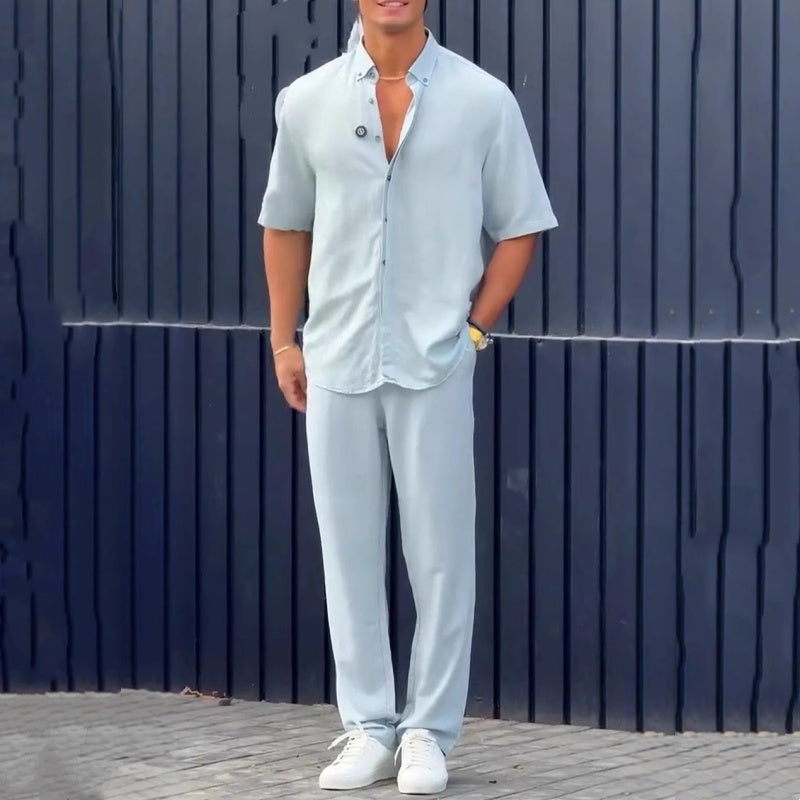 🏆Flash Sale⚡🔥Men’s Solid Lapel Short-Sleeve Tops ＆ Pants 2-Piece Set