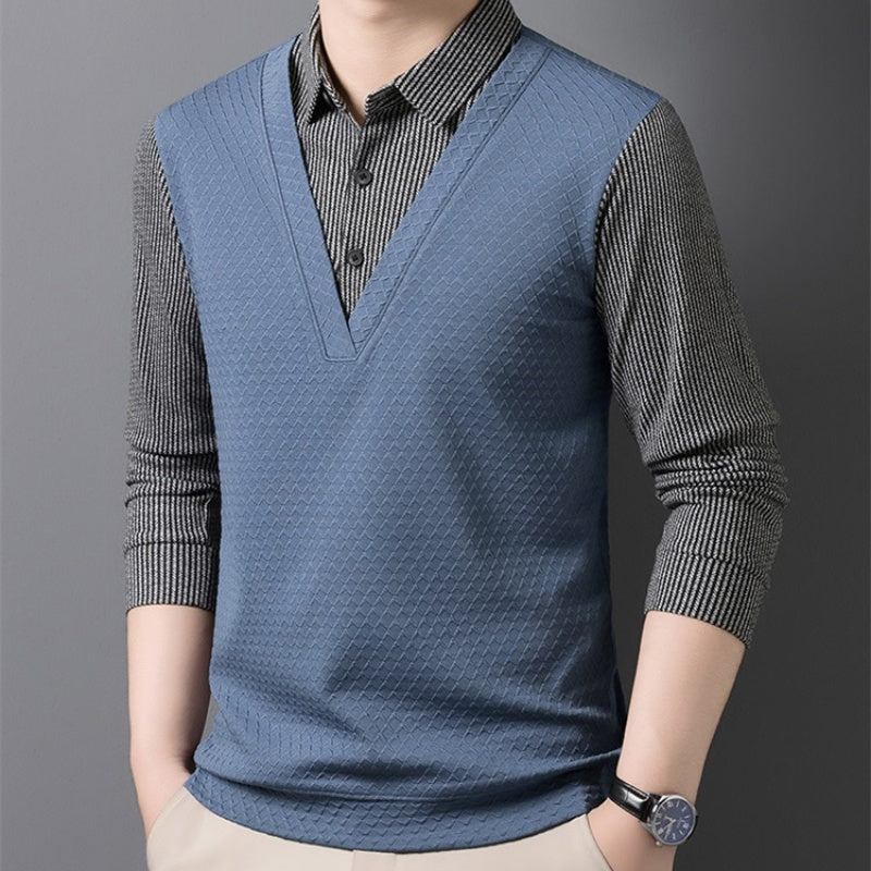 🌟New autumn men's faux two-piece cardigan with a turn-down collar.