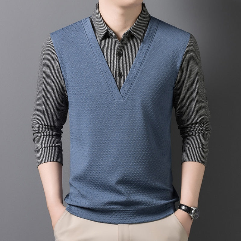 🌟New autumn men's faux two-piece cardigan with a turn-down collar.