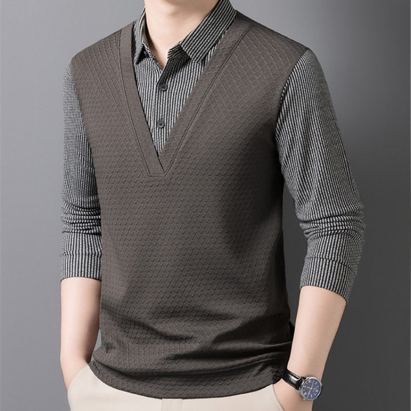 🌟New autumn men's faux two-piece cardigan with a turn-down collar.