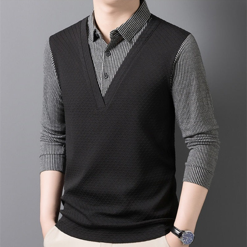 🌟New autumn men's faux two-piece cardigan with a turn-down collar.