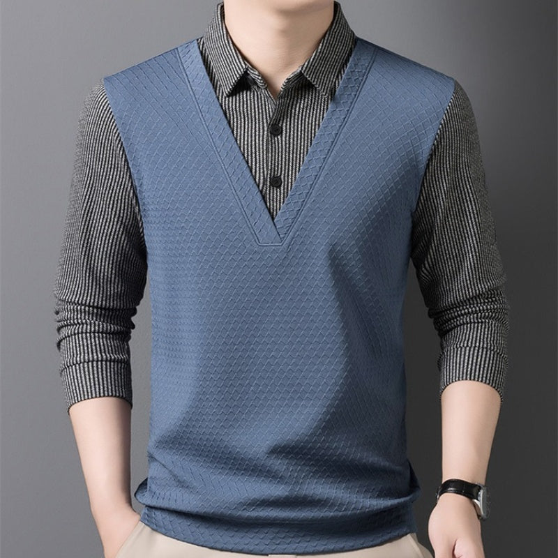 🌟New autumn men's faux two-piece cardigan with a turn-down collar.