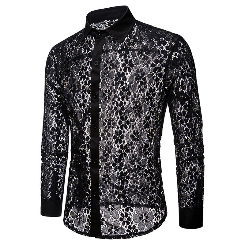 Men's Floral Lace Lapel Long Sleeve Button-Down Shirts