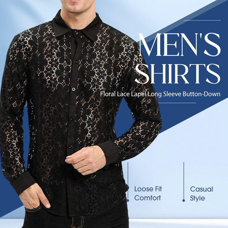 Men's Floral Lace Lapel Long Sleeve Button-Down Shirts