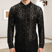 Men's Floral Lace Lapel Long Sleeve Button-Down Shirts