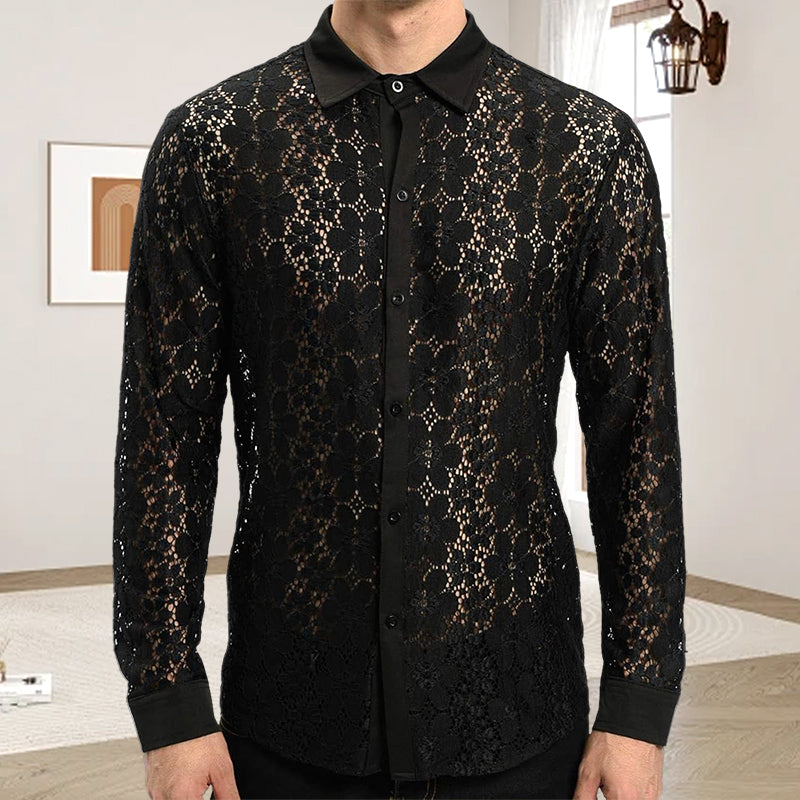 Men's Floral Lace Lapel Long Sleeve Button-Down Shirts