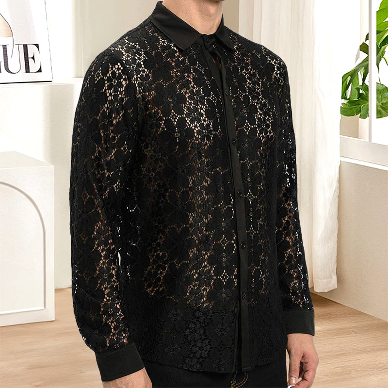 Men's Floral Lace Lapel Long Sleeve Button-Down Shirts