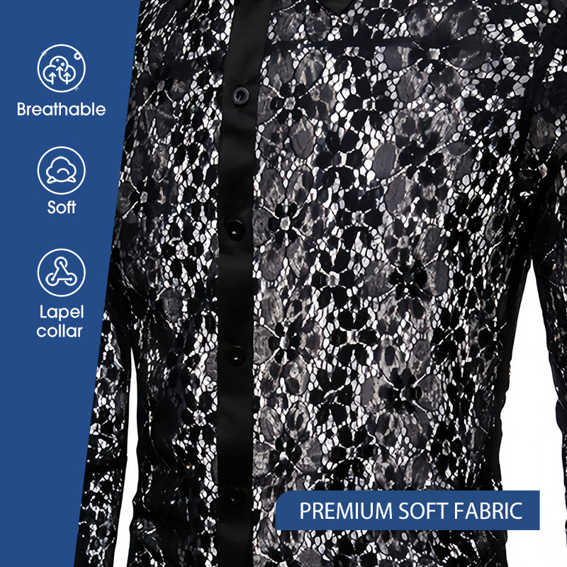 Men's Floral Lace Lapel Long Sleeve Button-Down Shirts