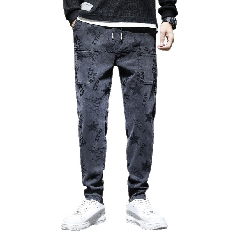 Men's Multi-Pocket Printed Slim-Fit Straight-Leg Pants