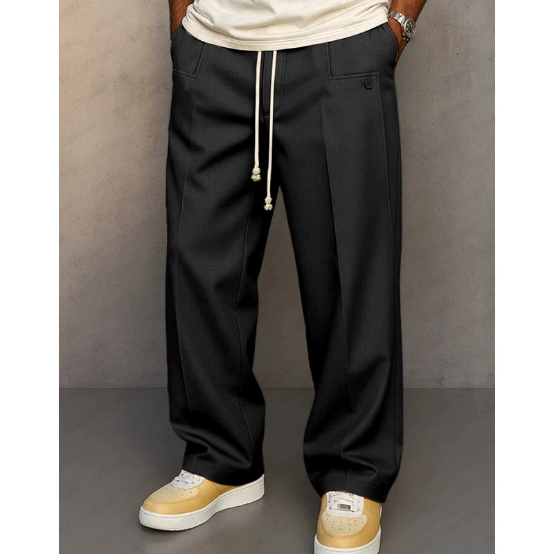 Men's Casual Loose Pleated Straight Pants, Comfy Urban Style Drawstring Pants