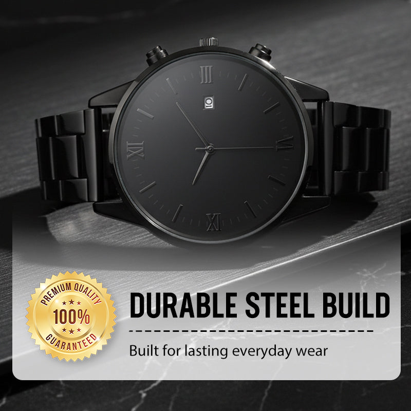 Men's Minimalist Quartz Watch with Date – All-Black Stainless Steel, Roman Dial & Precision Timekeeping! ⌚🖤