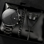 Men's Minimalist Quartz Watch with Date – All-Black Stainless Steel, Roman Dial & Precision Timekeeping! ⌚🖤