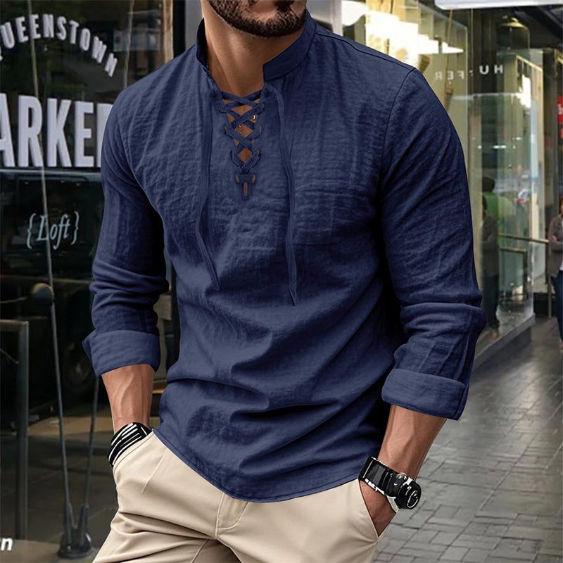 🧥Men's Casual Lace-Up Shirt – Smart in seconds! No-tie modern collar, soft breathable cotton.
