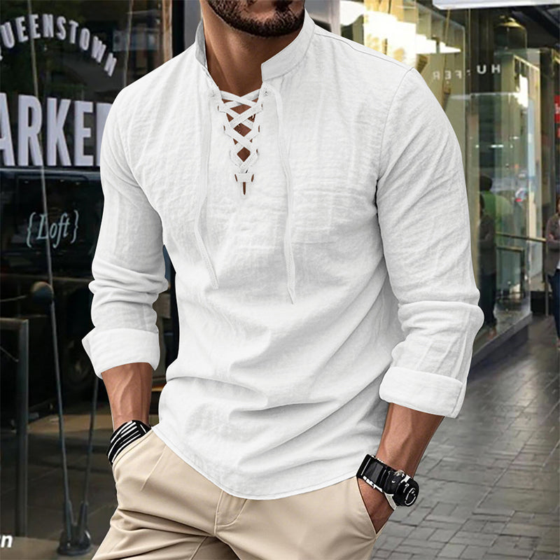 🧥Men's Casual Lace-Up Shirt – Smart in seconds! No-tie modern collar, soft breathable cotton.