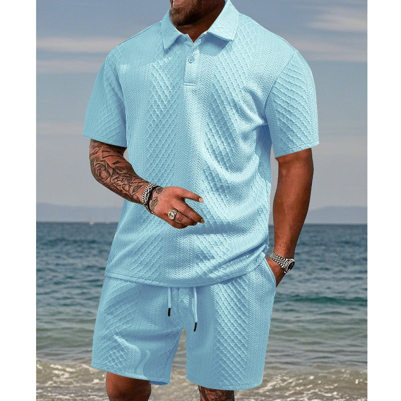 Men’s Diamond Pattern Turn-Down Collar Short Sleeve Top & Drawstring Shorts 2-Piece Set