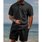 Men’s Diamond Pattern Turn-Down Collar Short Sleeve Top & Drawstring Shorts 2-Piece Set