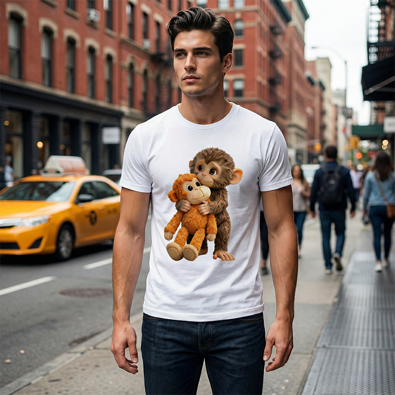 Unisex Monkey Hugging Toy Graphic T-Shirt