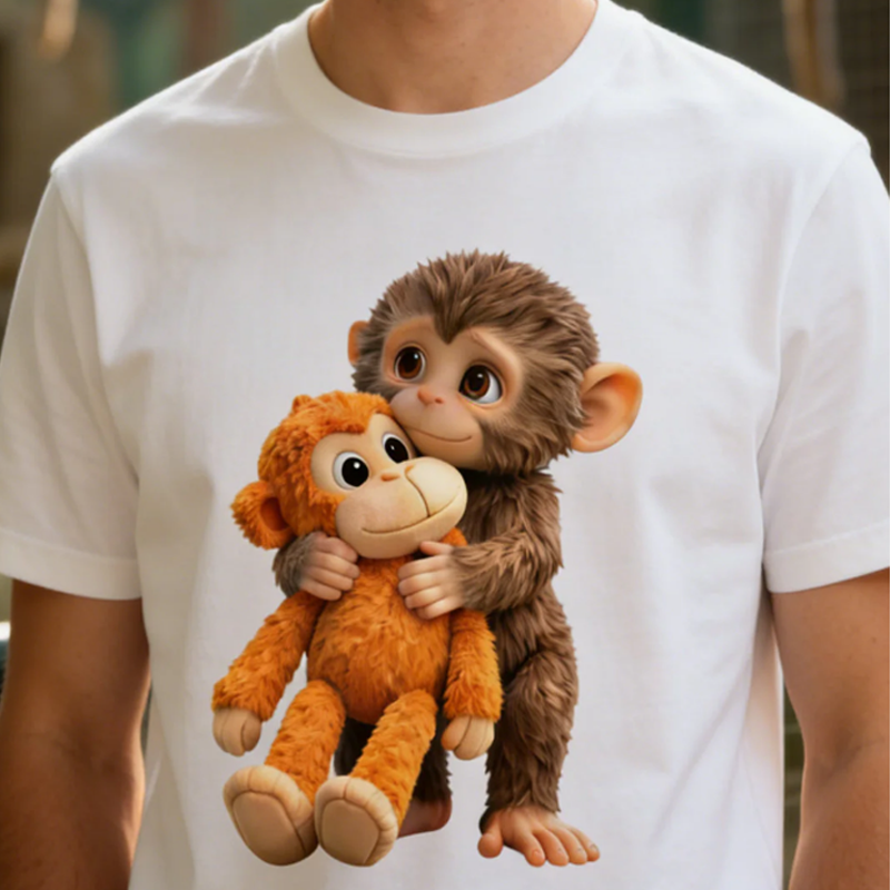 Unisex Monkey Hugging Toy Graphic T-Shirt
