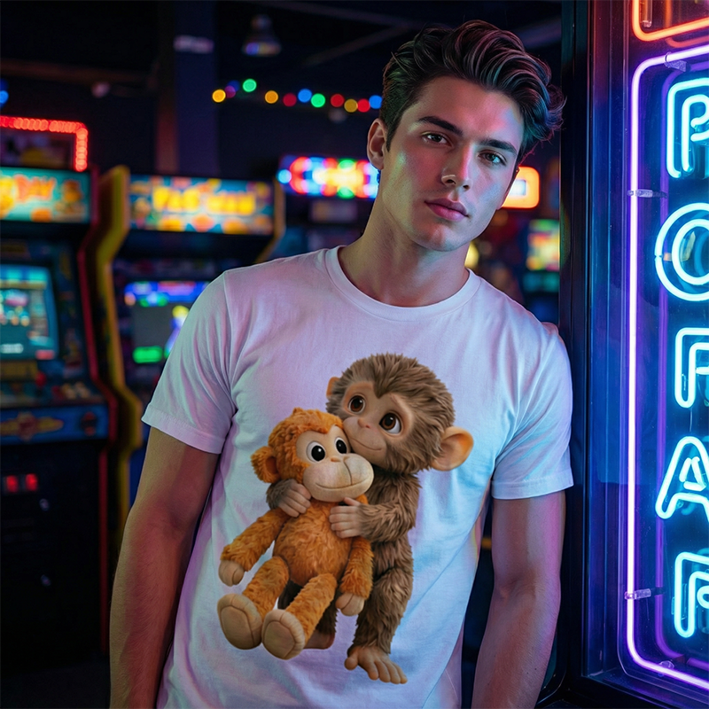 Unisex Monkey Hugging Toy Graphic T-Shirt