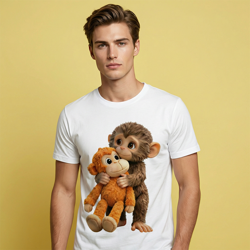 Unisex Monkey Hugging Toy Graphic T-Shirt