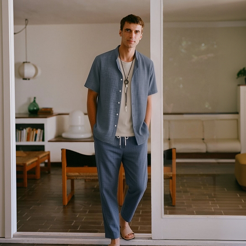 👕 50% OFF NOW! 👖 Men's Lightweight Casual Outfit – 2-Piece Set, Modern Band Collar & Drawstring Waist – Breathable Polyester ✨