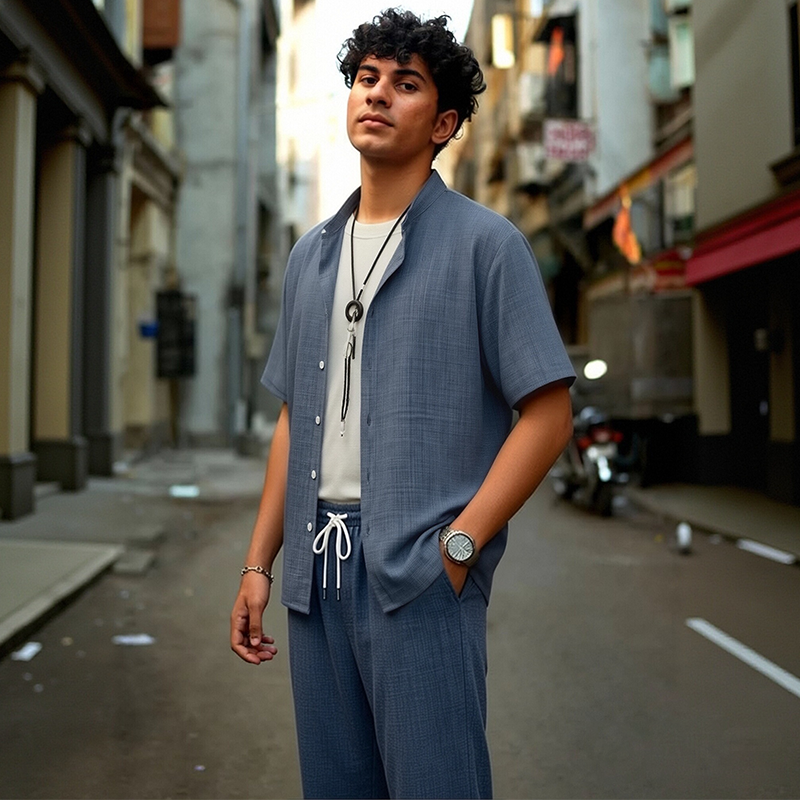 👕 50% OFF NOW! 👖 Men's Lightweight Casual Outfit – 2-Piece Set, Modern Band Collar & Drawstring Waist – Breathable Polyester ✨