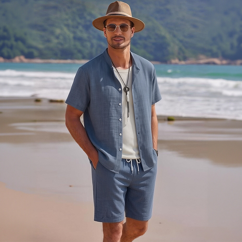 👕 50% OFF NOW! 👖 Men's Lightweight Casual Outfit – 2-Piece Set, Modern Band Collar & Drawstring Waist – Breathable Polyester ✨