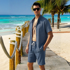 👕 50% OFF NOW! 👖 Men's Lightweight Casual Outfit – 2-Piece Set, Modern Band Collar & Drawstring Waist – Breathable Polyester ✨