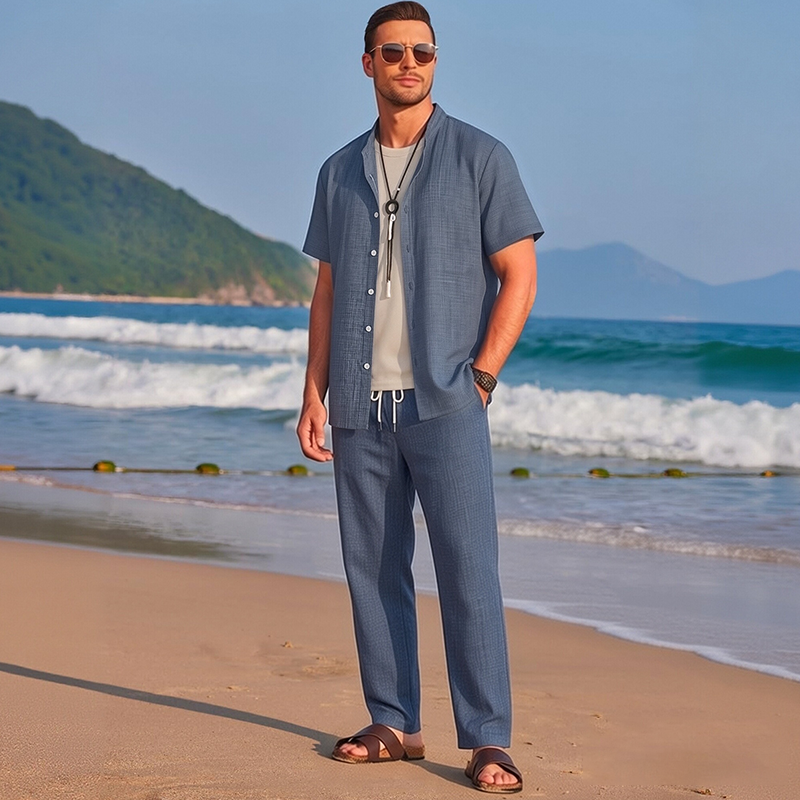 👕 50% OFF NOW! 👖 Men's Lightweight Casual Outfit – 2-Piece Set, Modern Band Collar & Drawstring Waist – Breathable Polyester ✨