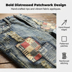 Men's Ripped Denim Shorts with Patchwork