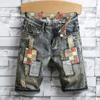 Men's Ripped Denim Shorts with Patchwork